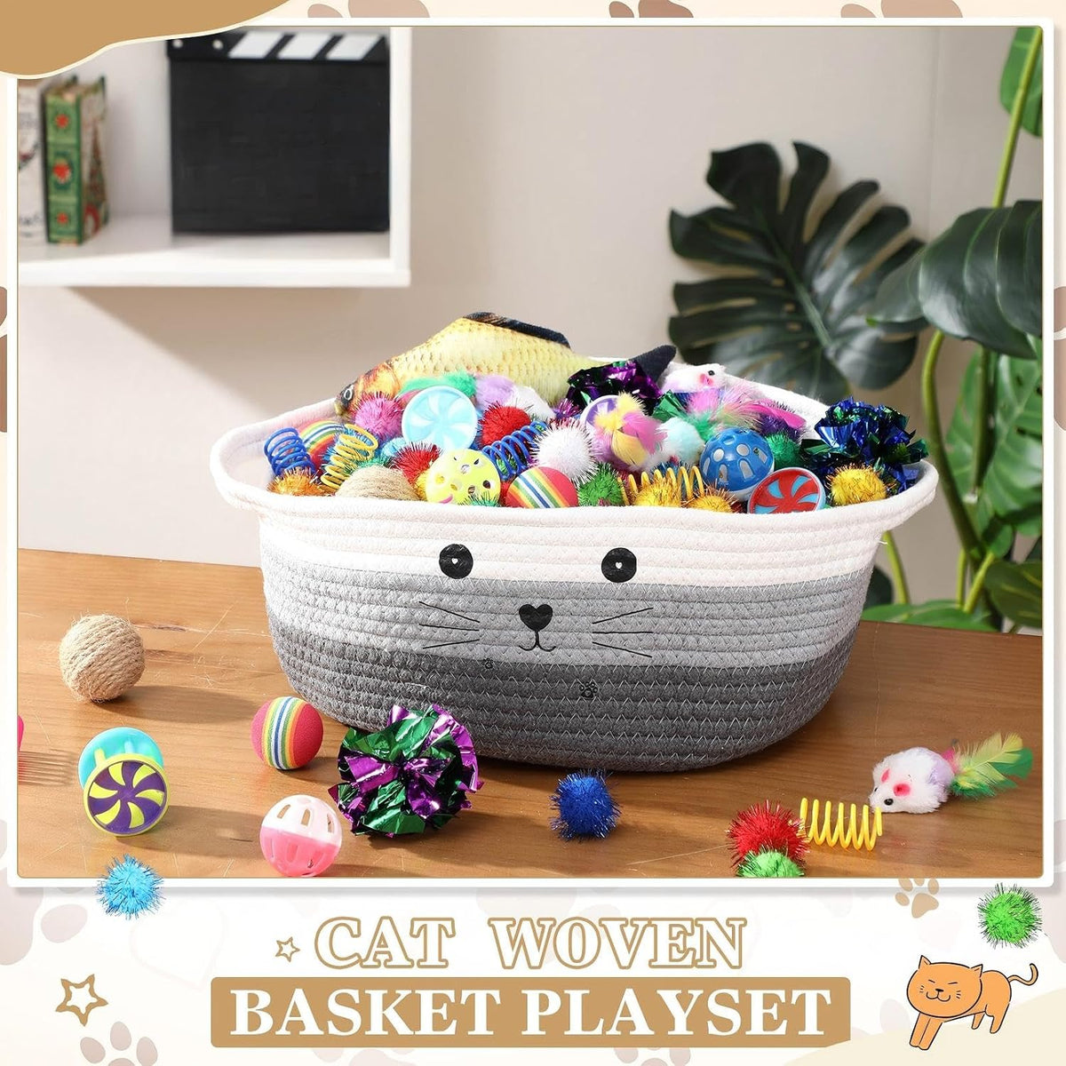 Zopeal 58 Pcs Cat Toy Set with Storage Basket Indoor, Grey - Multicolor / 12 Inch - image 4