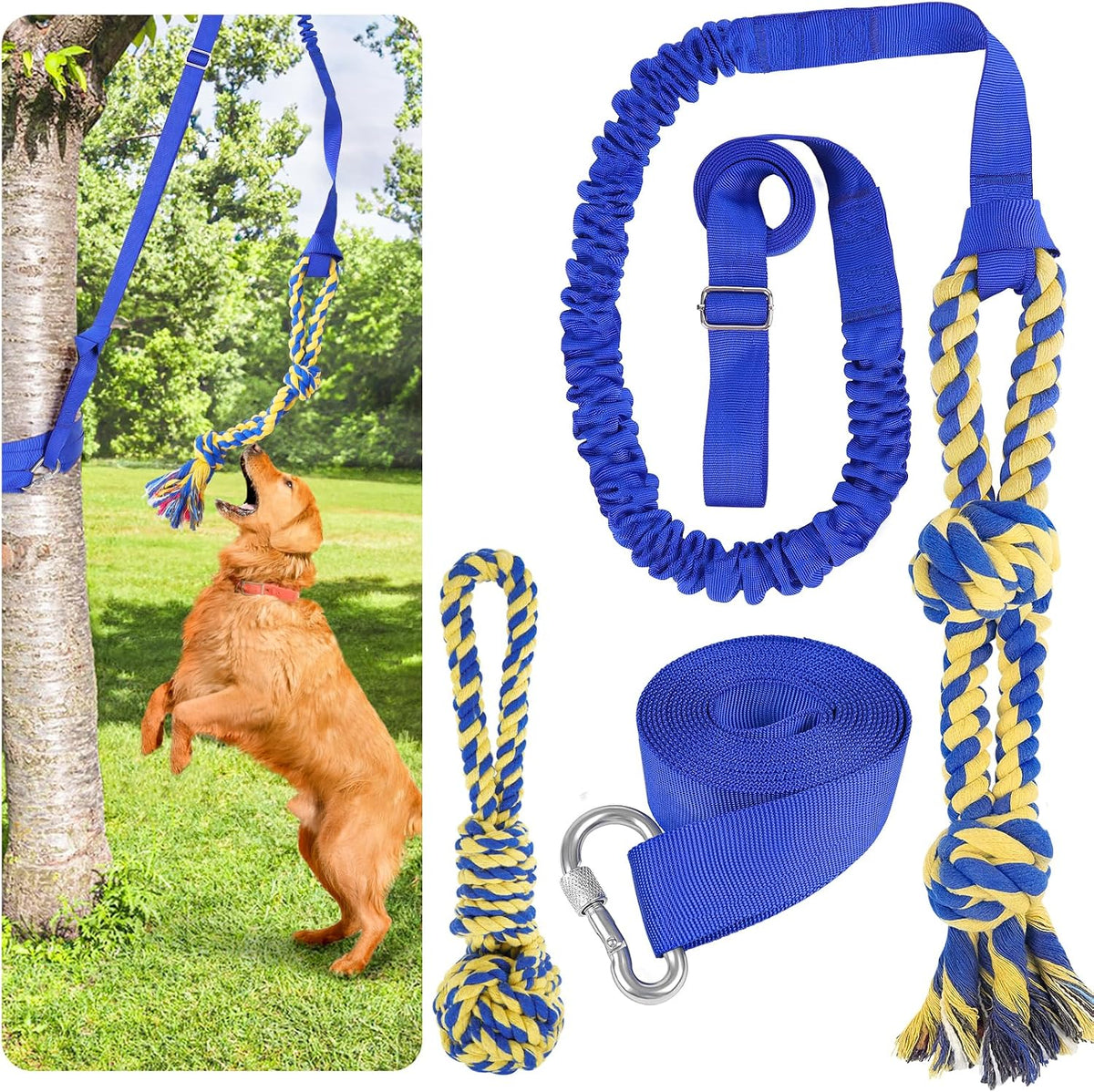 XiaZ Tug of War Dog Toy, Interactive Dogs Toy Bungee Hanging Tether with 2 Chew Rope Toys, Heavy - Blue