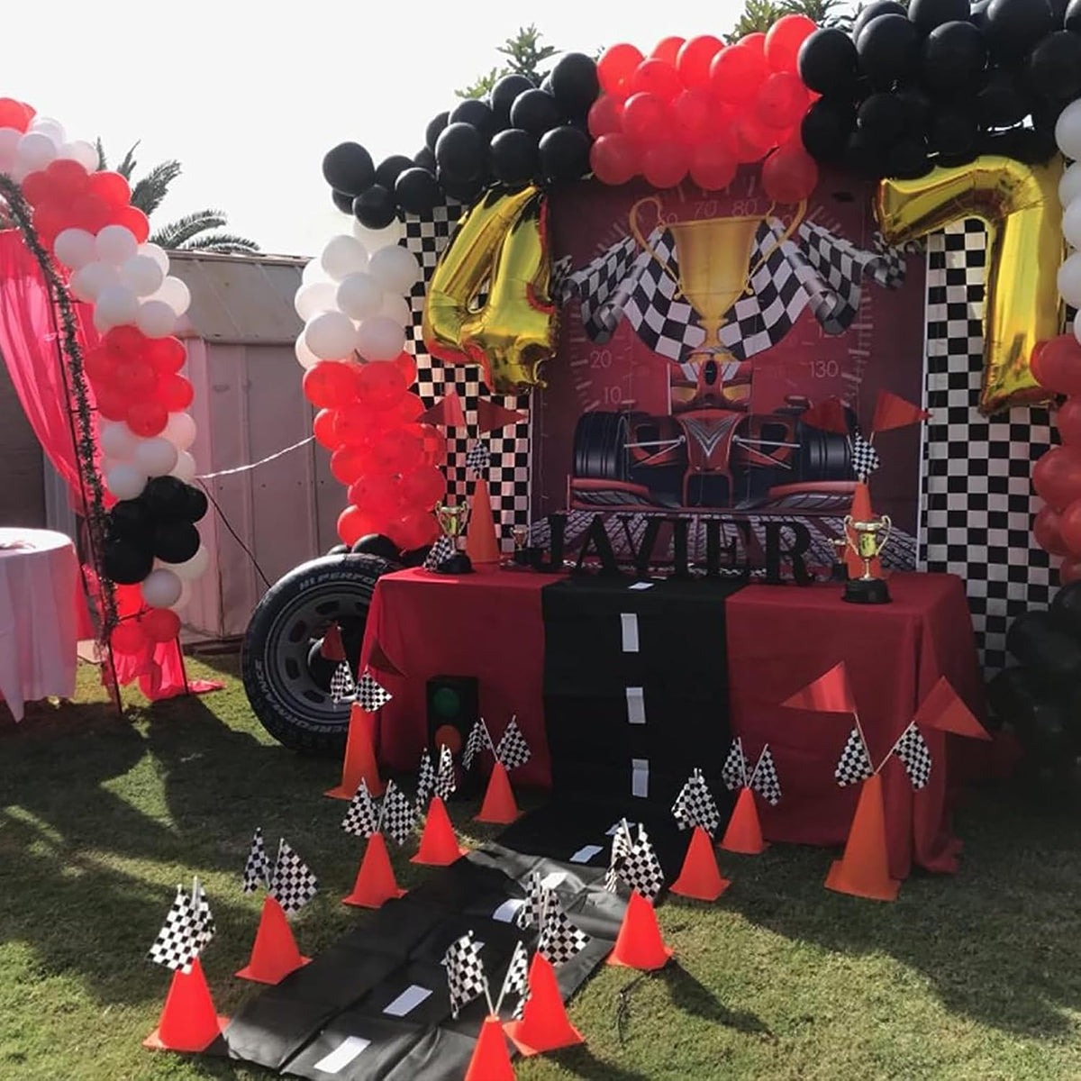 YOELVN race car party cones, six orange 7 inch traffic cones holding checkered flags - view 11