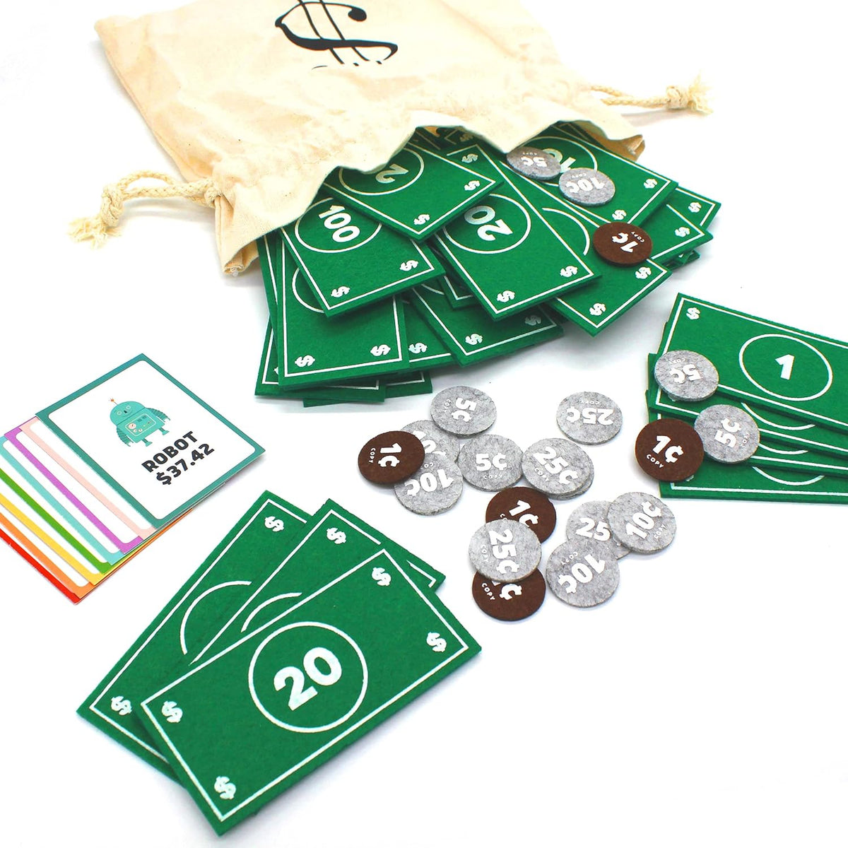 Good Ground felt play money set with dollar bills, coins, flashcards and wallet