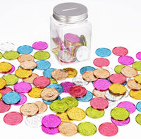 Mczxon caught being good coins, 100 colorful plastic reward tokens with a small slotted jar