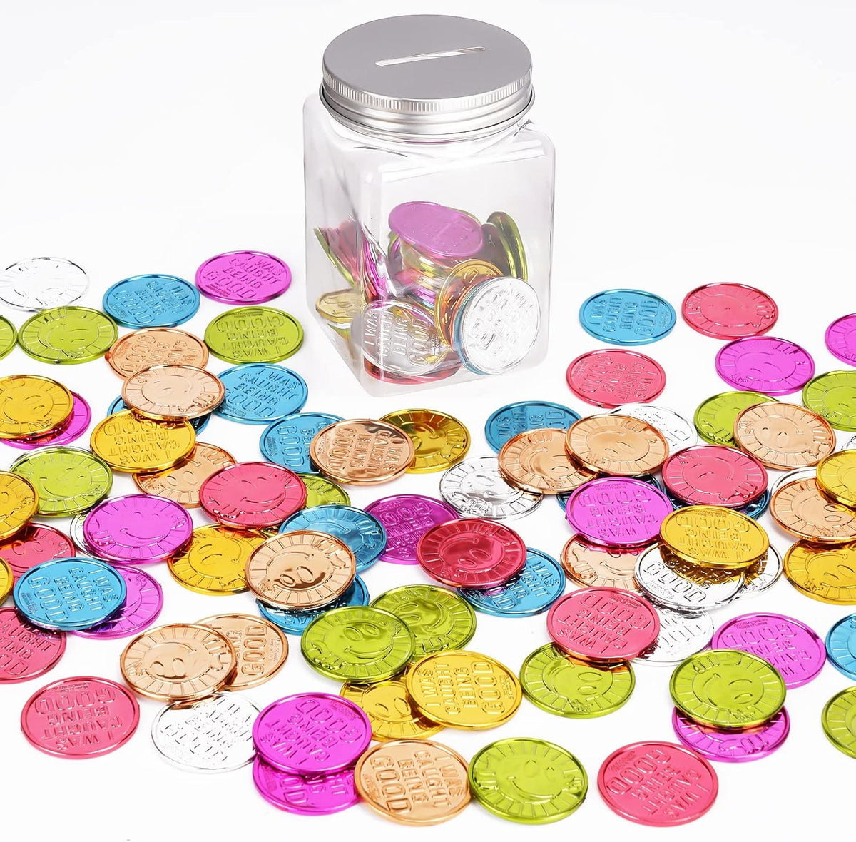 Mczxon caught being good coins, 100 colorful plastic reward tokens with a small slotted jar