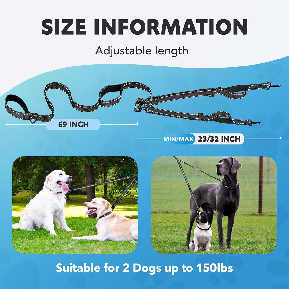 Double Dog Leash, Adjustable Length Long Leash for Dog Training - Orange / 2 dog leash with handle - image 3