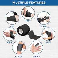Self Adhesive Bandage Wrap - Pack of 12 Black Color, Non-Woven, Breathable & Water-Resistant Vet Wrap for First Aid, Sports Injury, Body Sprains, & Pets - 2 Inch x 5 Yards