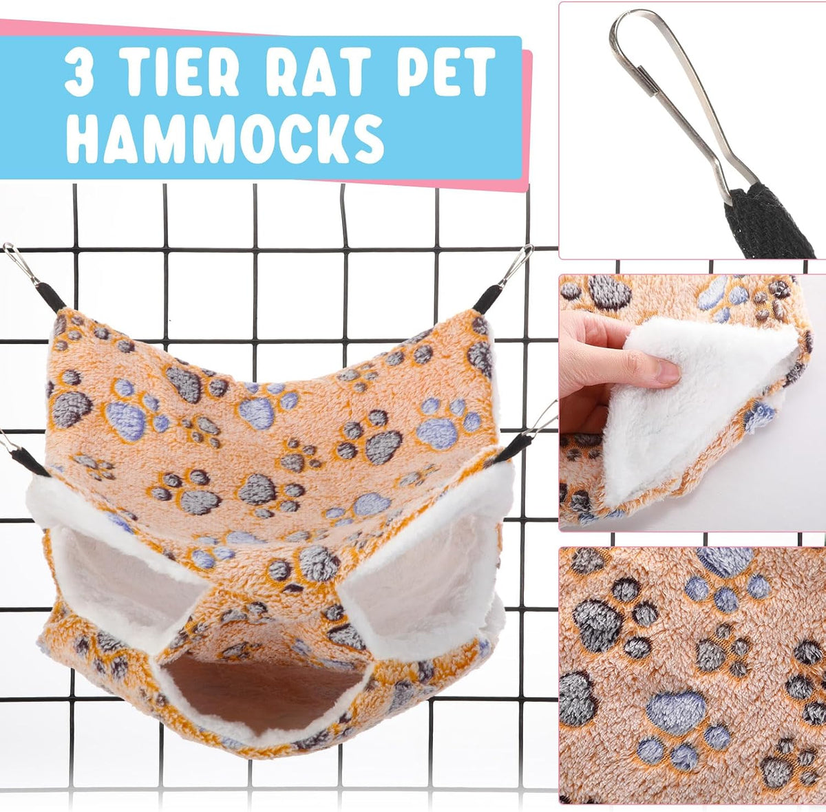 Abbylike 9 Pieces Rat Hammock 3 Tier Guinea Pig Ferret Hammocks Small - Light Brown, White, Black / Paw - image 3