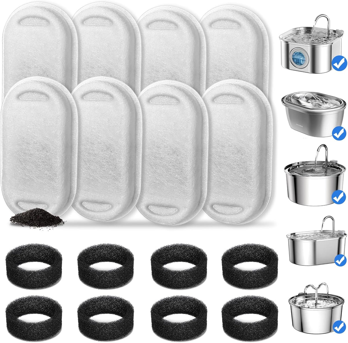 Cat Fountain Filters, 16 Pack Cat Water Fountain Filter for 67oz/2L Cat Water Fountain Stainless - 8 Filters+ 8 Sponges