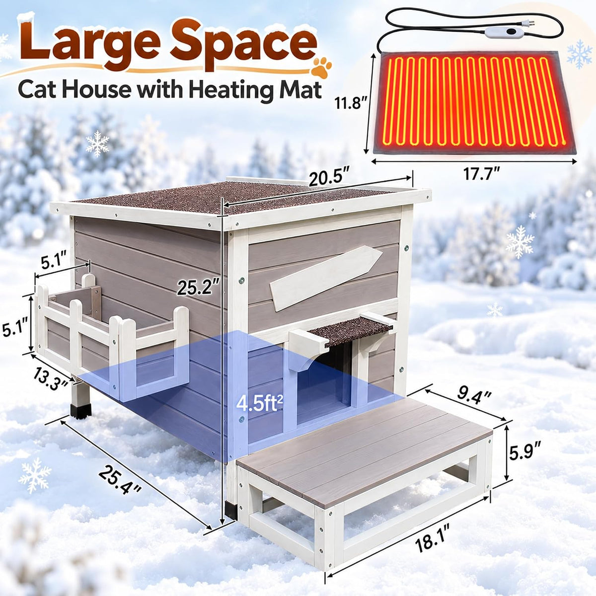 Large Outdoor Cat House with Soft Mat, Wooden Feral Cat Shelter – Essentials for Cats - Grey-with Heated Pad - image 2