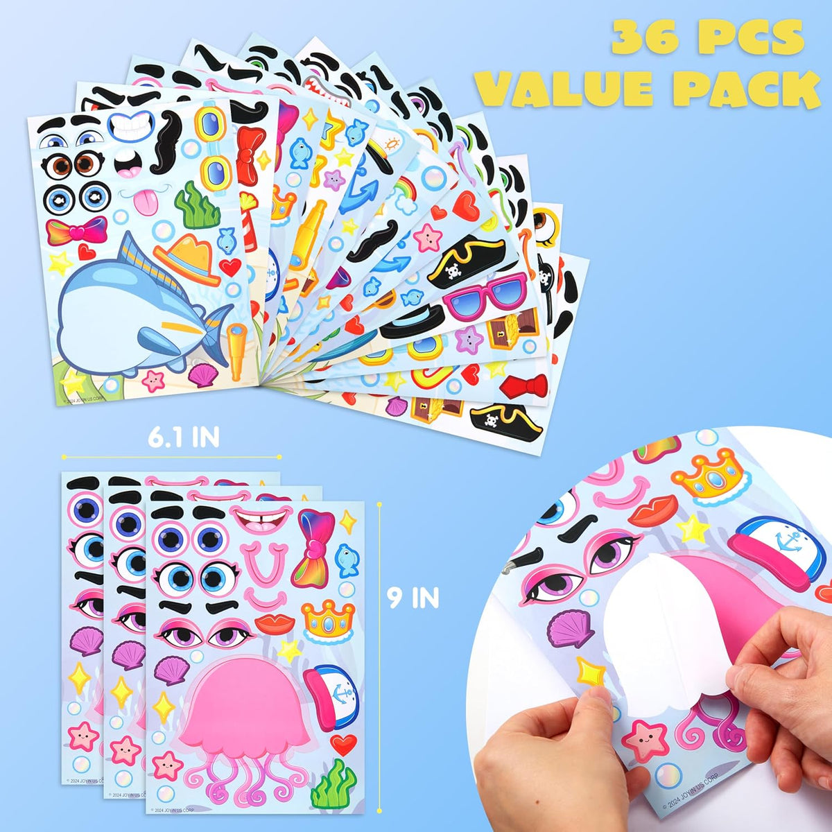 JOYIN 36 Sheets 9"x6" Make a face Stickers for Kids - Sea - image 2