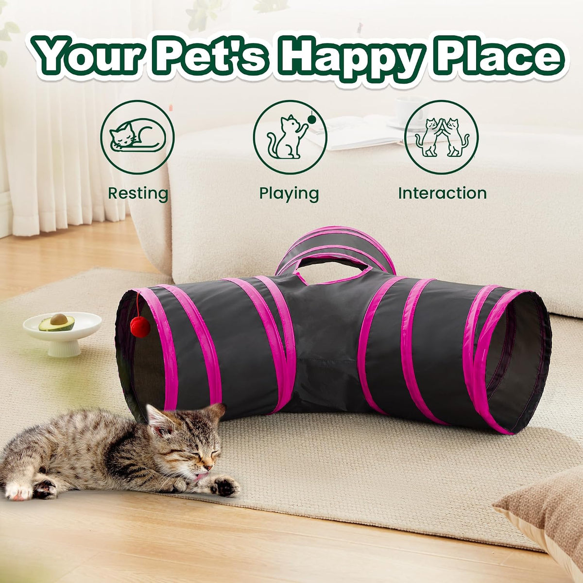 Love's cabin Cat Tunnel for Indoor Cats - Black&Rose Red / S (23.6"x13"x11") - image 3
