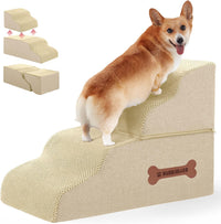 Dog Stairs 4 Steps for Small Dogs and Cats to Get on High Beds - Beige / 4.0 / 27.5"D x 15.7"W x 19"H
