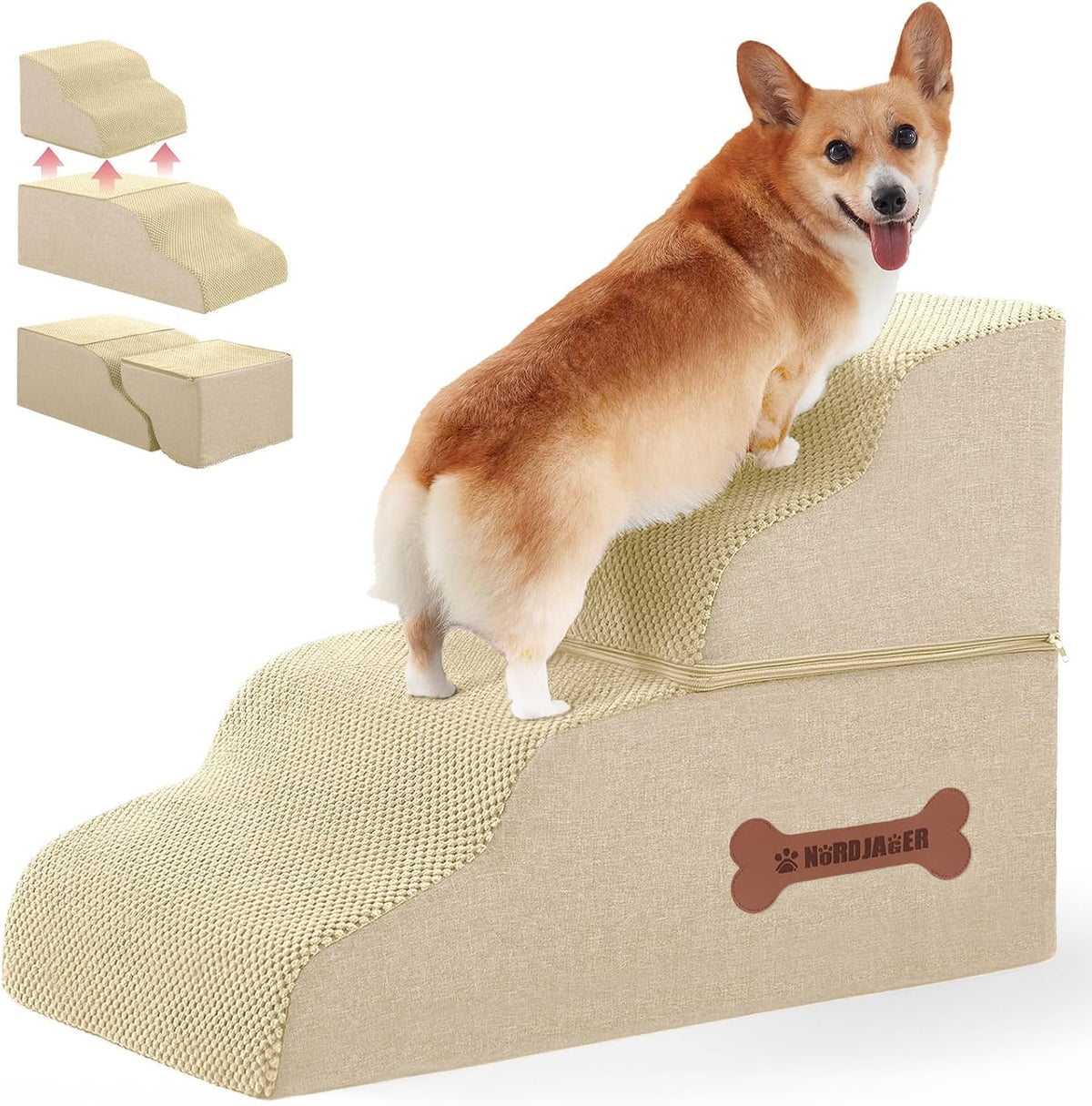 Dog Stairs 4 Steps for Small Dogs and Cats to Get on High Beds - Beige / 4.0 / 27.5"D x 15.7"W x 19"H