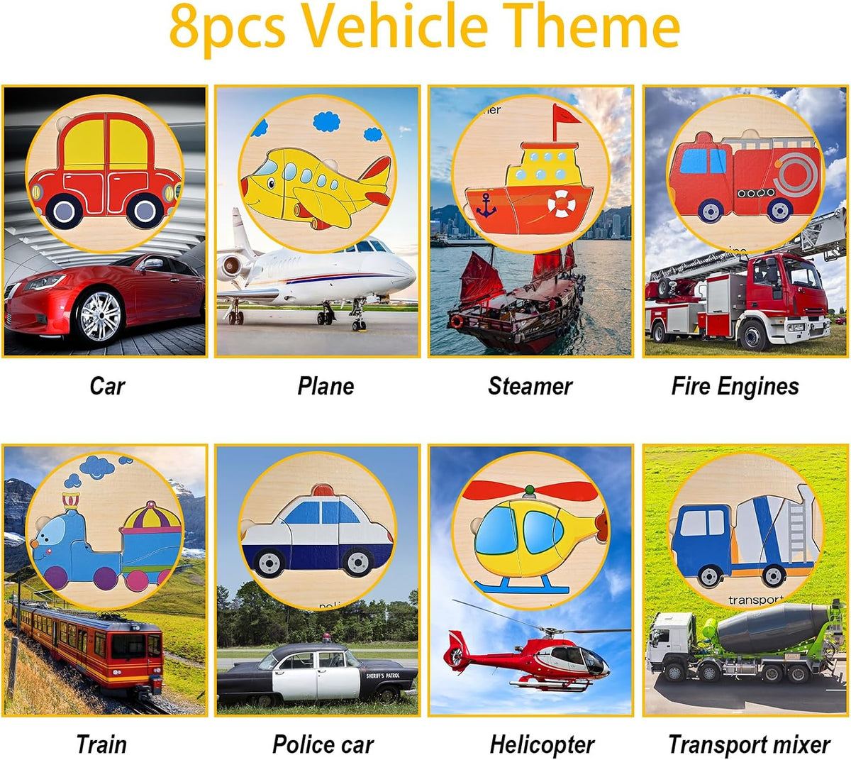 8pcs Wooden Puzzles for Toddlers 1-3, Toddler Puzzles Ages 2-4 – Fun for Kids & Family - Vehicle Theme - image 3