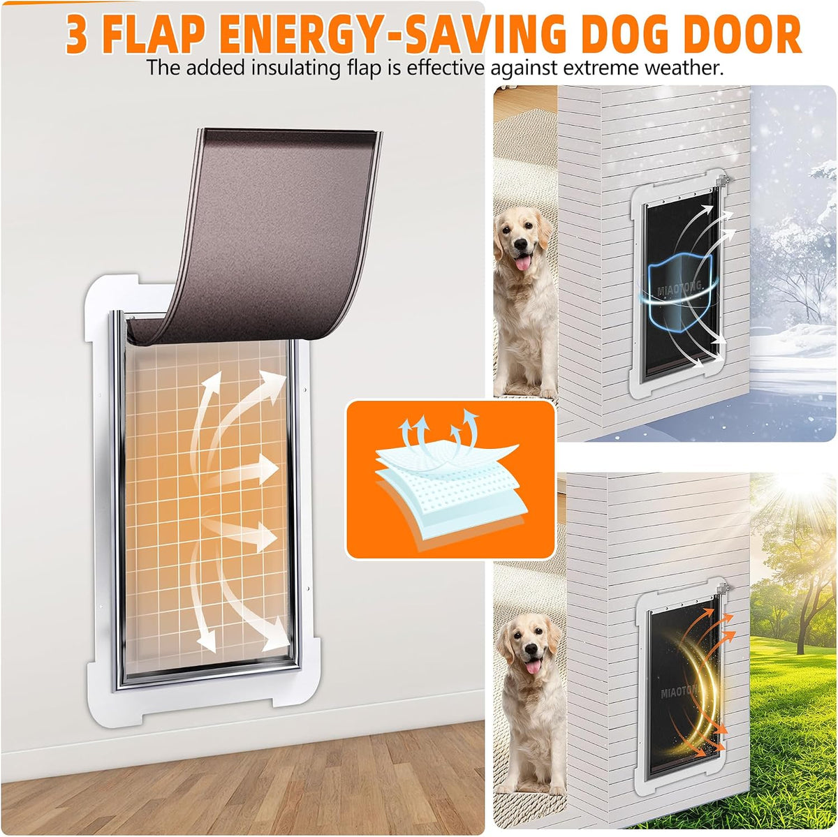 3-Flap Never Rust Extra Large Dog Door for Doors with Sliding Lock - Large / For Wall - image 3