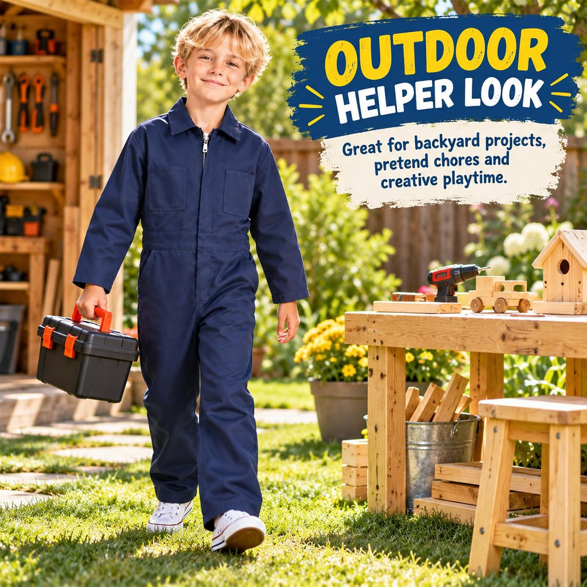 VZQI kids coveralls, navy six-pocket mechanic jumpsuit with front zipper - view 2