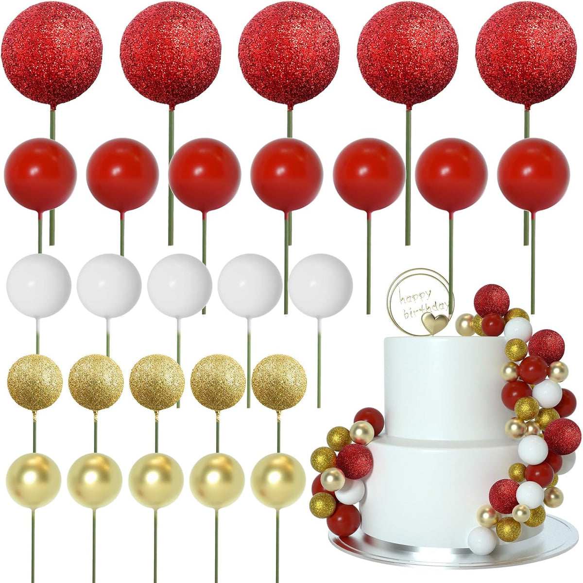 ASTARON 50 Pcs Ball Cake Topper Sticks Mini Balloons for Cake - Gold，red Series
