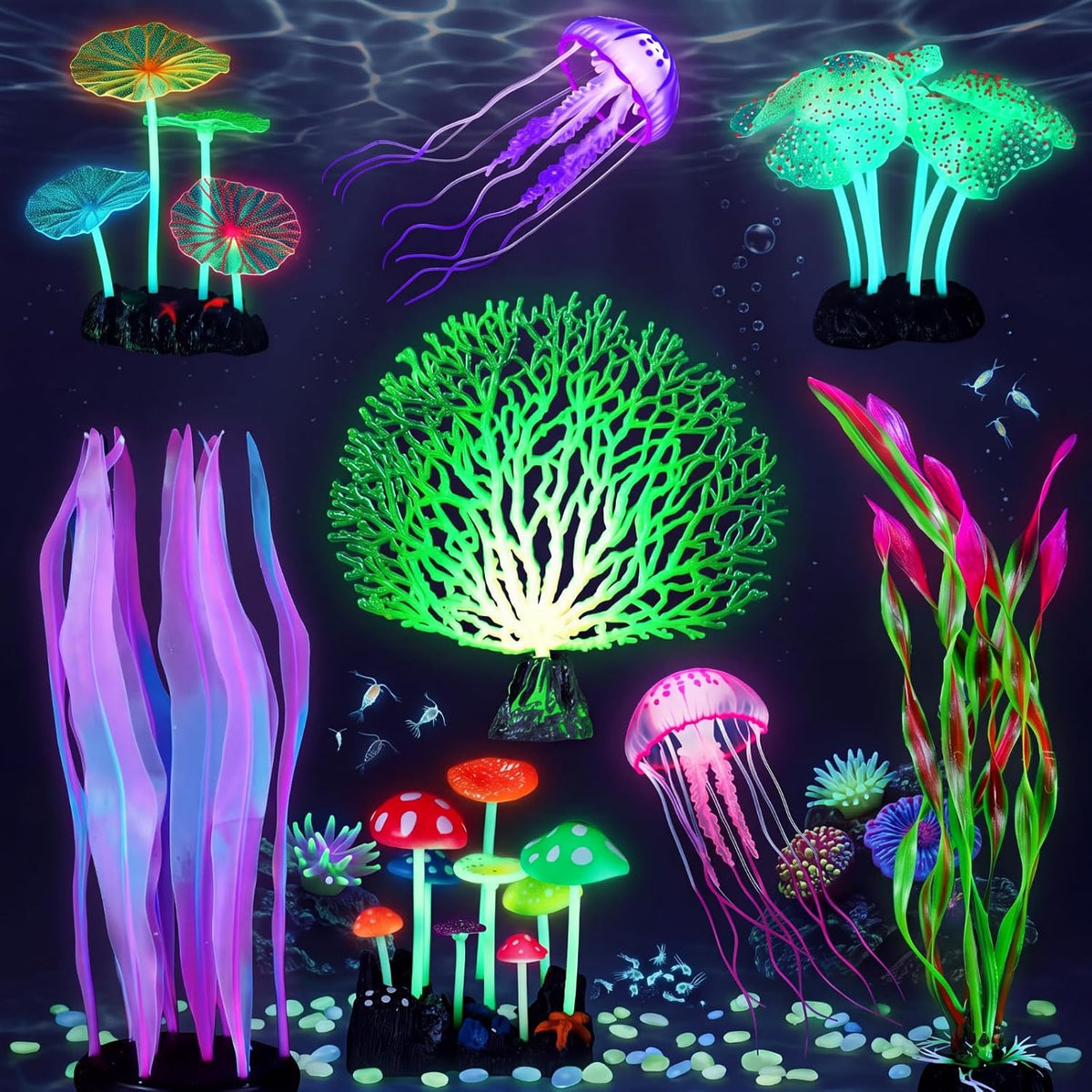 Frienda 8 Pcs Glowing Aquarium Fish Tank Decorations, Blue, Pink – Essentials for Fish - Purple, Pink