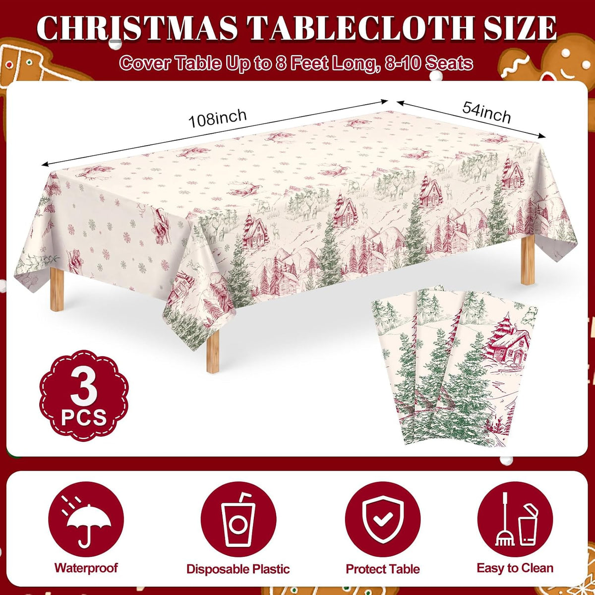 3 Pack Plastic Birthday Tablecloth - Vintage Christmas Toile - image 2