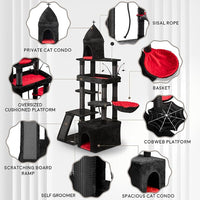Large Cat Tree Tower for Large Cats, Cat Scratching Post, Self Grooming Post, Interactive Cat Toys, Oversized Perch and Basket, Heavy Duty 72", Black and Red