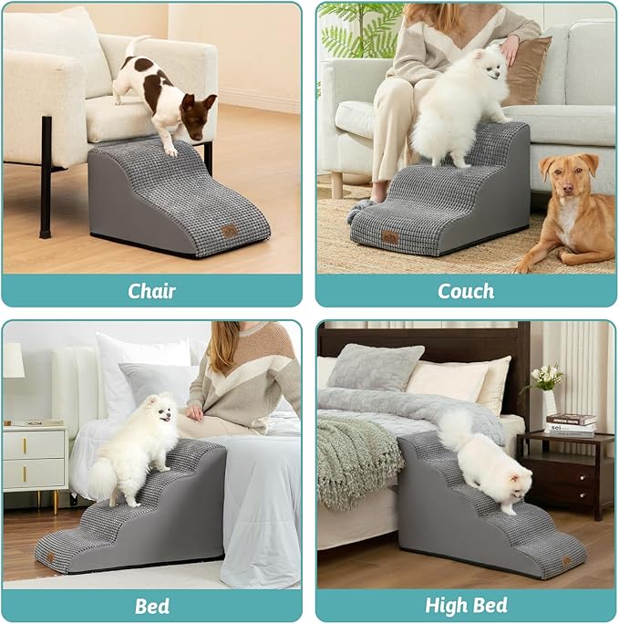 Dog Stairs for Small Dogs 19.7" H, Curved Dog Step for Puppy, Older or Cat, Medium Pet Ramp for Sofa, Couch or Bed, Ladder with High Density Foam, 15.7x28.3x19.7 inch, 4 Step, Light Grey
