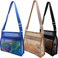 MUYIZI Mesh Beach Bag for Shells Collecting 3 Pack - Black+Deep Blue+Brown