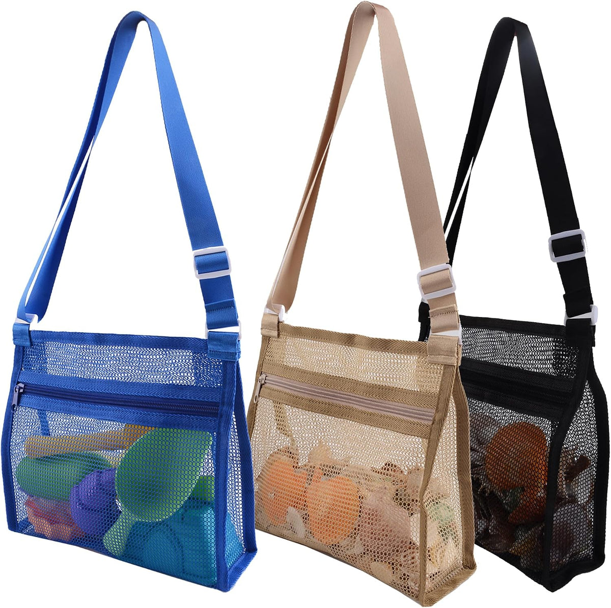 MUYIZI Mesh Beach Bag for Shells Collecting 3 Pack - Black+Deep Blue+Brown