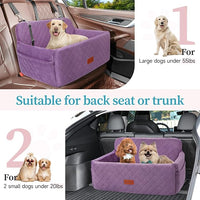 Dog Car Seat for Medium/Large Dogs, Pet Booster Seat for Under 55 lbs or 2 Small Dogs, Detachable & Washable Dog Car Bed for Backseat with 2 Safety Leashes (Purple)