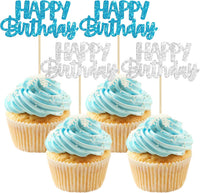 Gyufise 24Pcs Happy Birthday Cupcake Toppers Gold Glitter Celebrating - Blue Silver