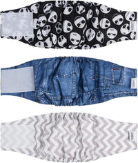 CuteBone Dog Belly Bands for Male Dogs Wraps Washable Doggie Diapers - Denim&Skull&Stripes / S(11"-14")