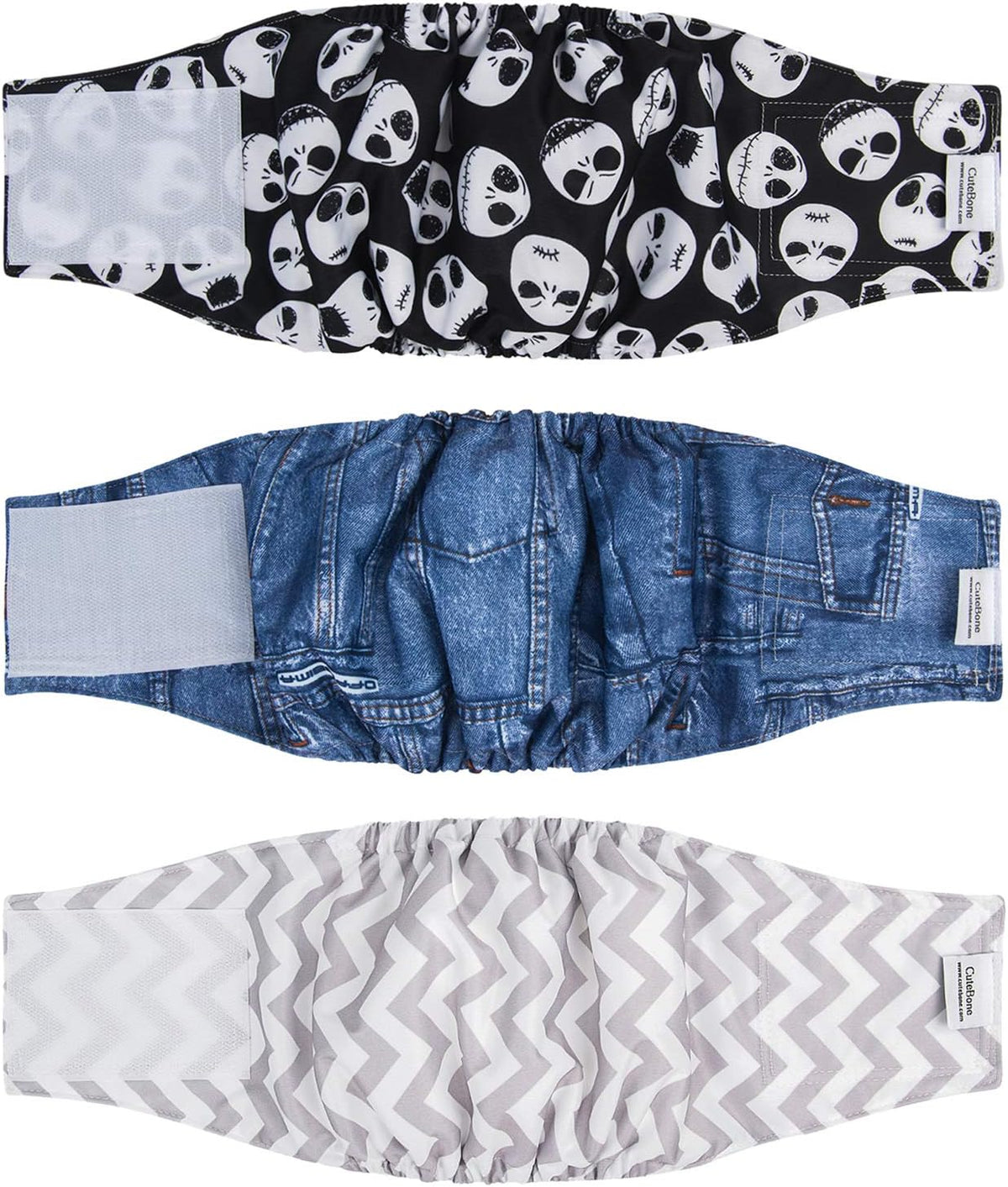 CuteBone Dog Belly Bands for Male Dogs Wraps Washable Doggie Diapers - Denim&Skull&Stripes / S(11"-14")