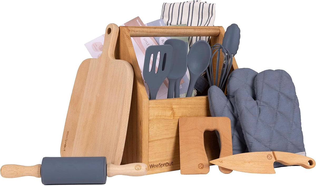 WeeSprout kids baking set in green with apron, oven mitts, rolling pin and cookie cutters - view 8
