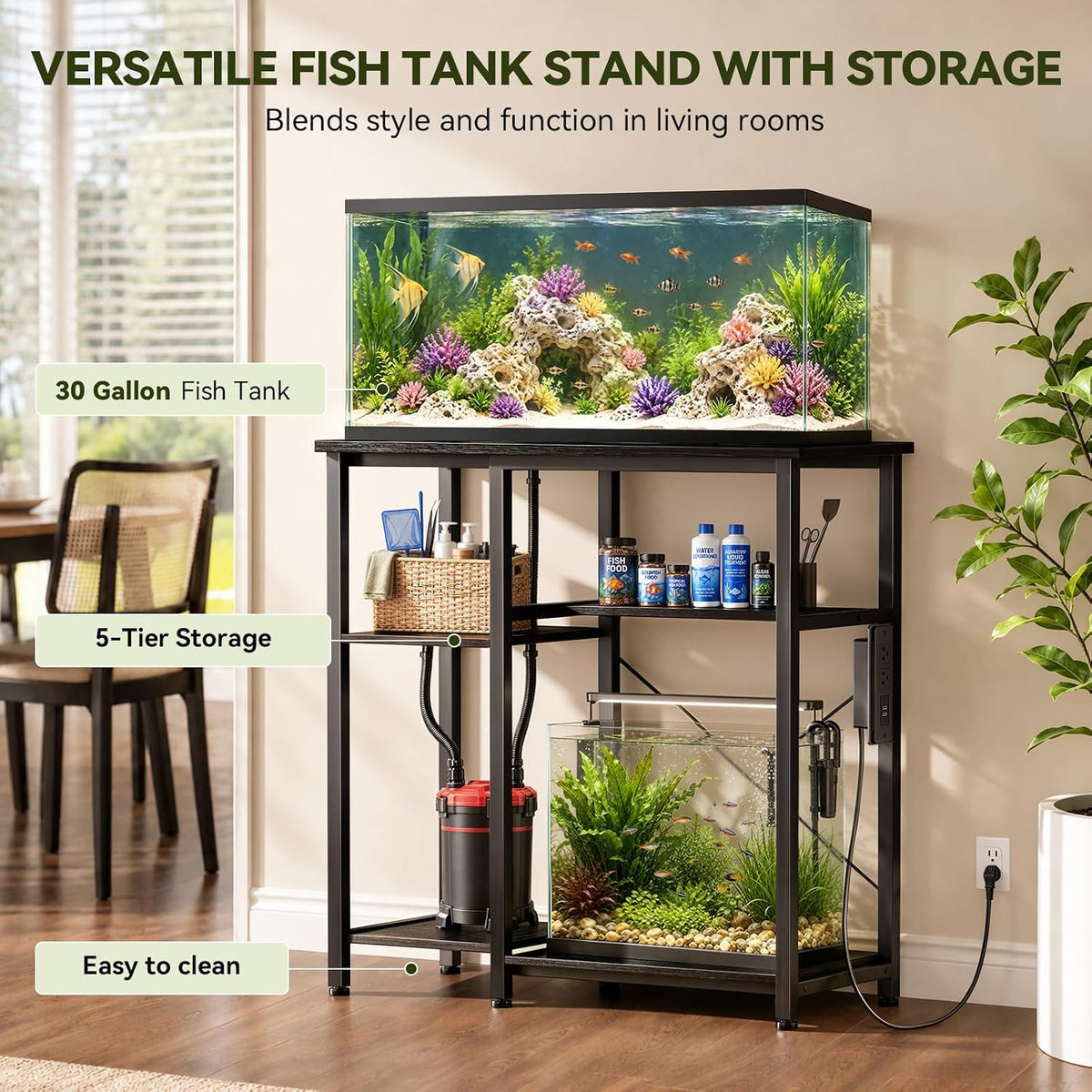 5-10 Gallon Fish Tank Stand with Storage Shelves - Black / 40 Gallon-3 Tier - image 3