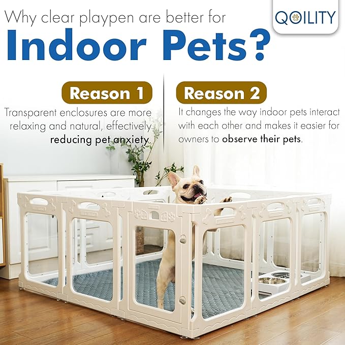 Clear Dog Play Pen Indoor, Effectively Relieves Indoor Pet Anxiety, 56" x 37" x 23.6"H, Suitable for Dogs and Puppies, White
