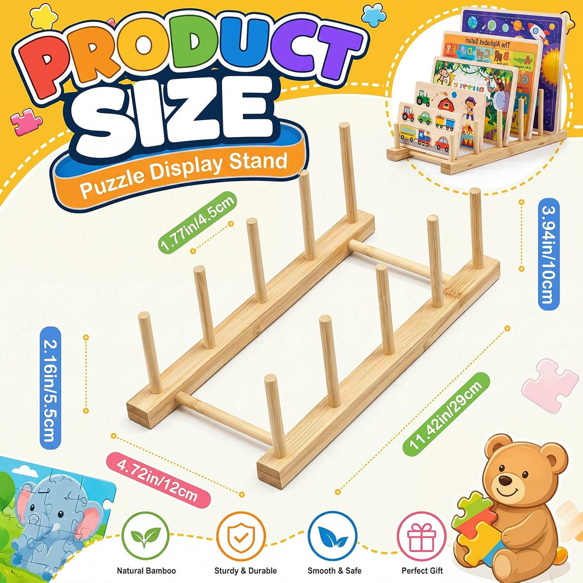 Barydat 2 piece natural wood puzzle rack organizer holding jigsaw puzzle boxes upright - view 3