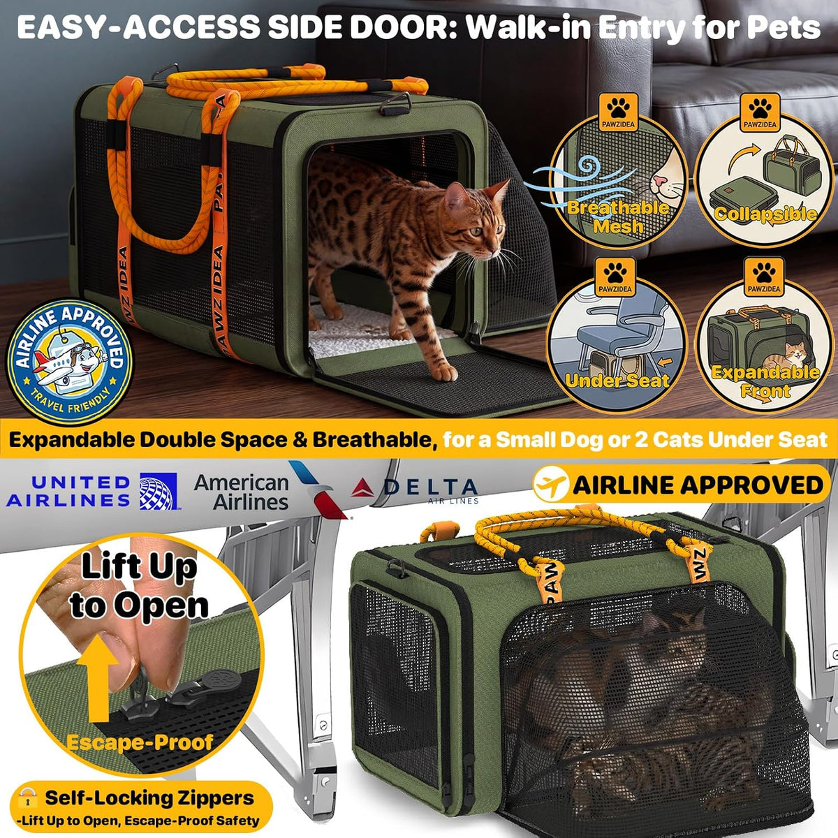 Expandable Pet Carrier for Small Cats & Dogs - 18.0"L x 11.0"W x 11.0"H / Forest Green - image 3