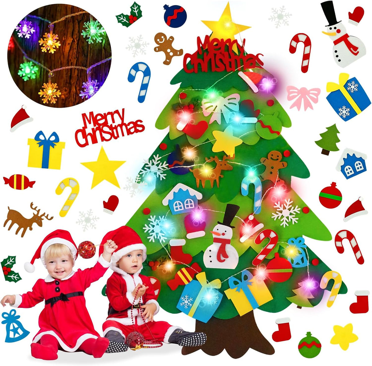 Felt Christmas Tree for Toddlers with Snowflake Light + 32 Ornament - B-Colorful Light