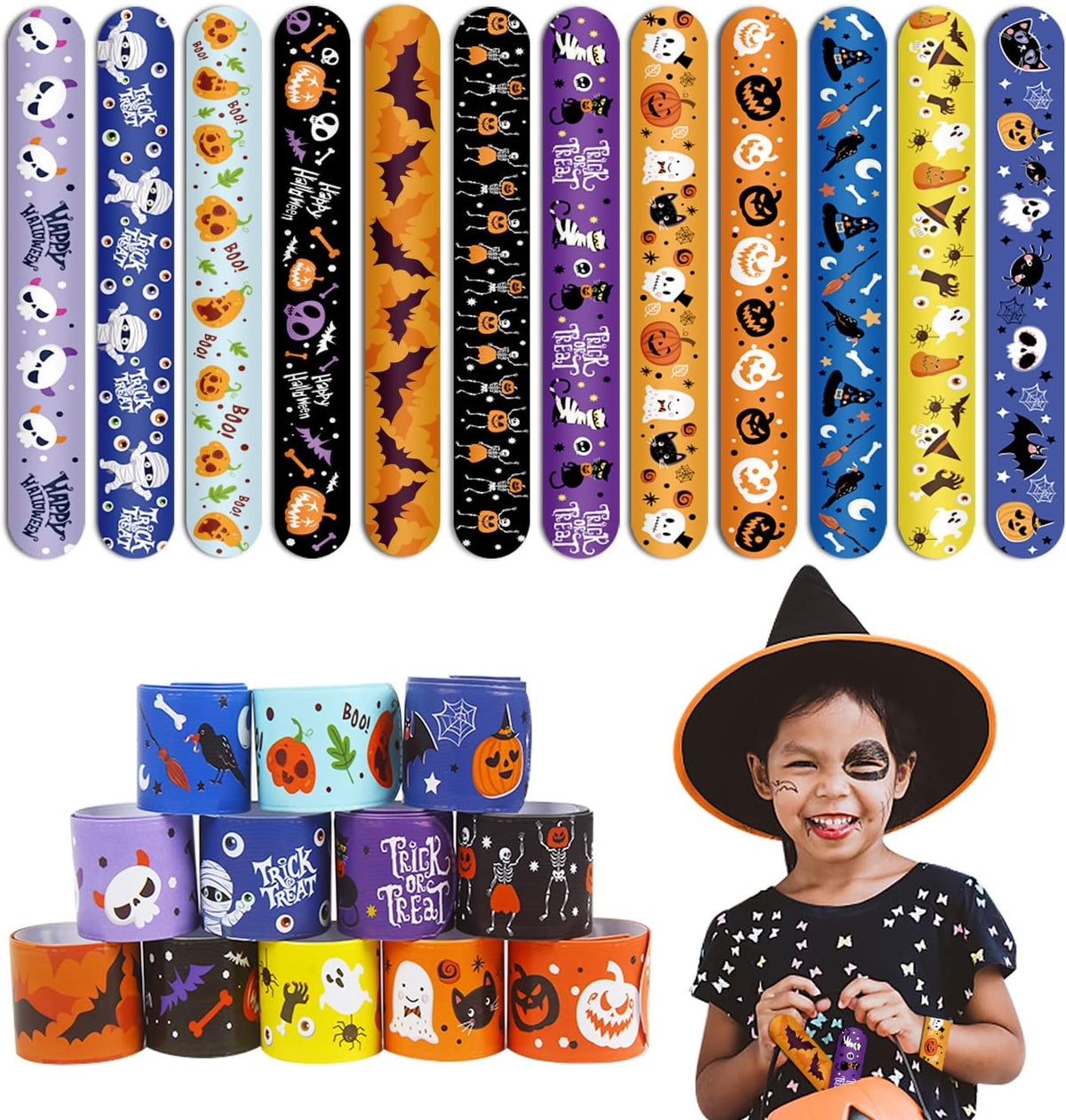 CCINEE Halloween slap bracelets, 48 pack with pumpkin, bat, skull and ghost designs