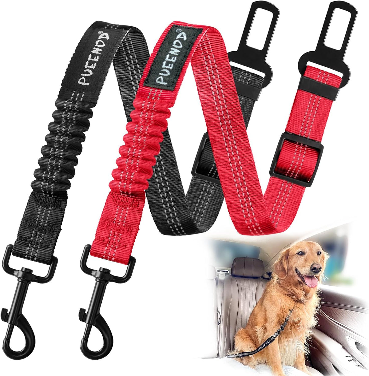 2 Pack Dog Seat Belt Adjustable Dog Car Seatbelts for Vehicle Nylon - Black + Red