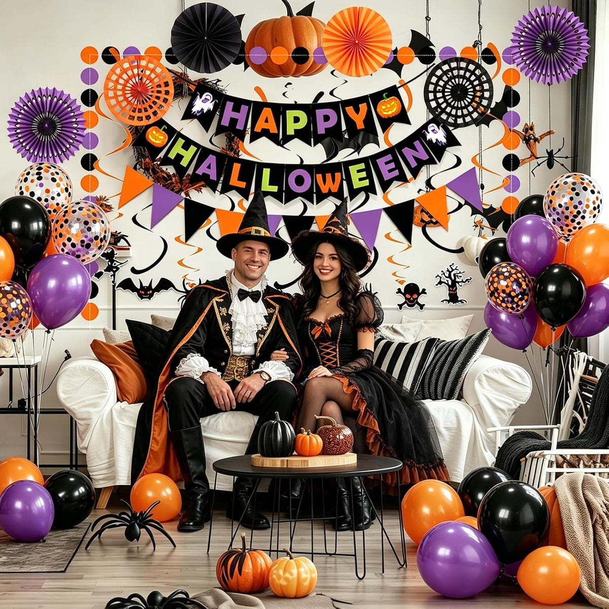 Fecedy Happy Halloween Banner Triangular bunting Paper flower fans - Halloween,multicolor,black,orange,purple - image 4