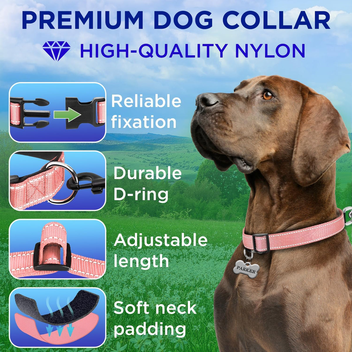 Reflective Neoprene Padded Dog Collar with Quick Release Buckle – Essentials for Dogs - Pink / X-Large - image 2