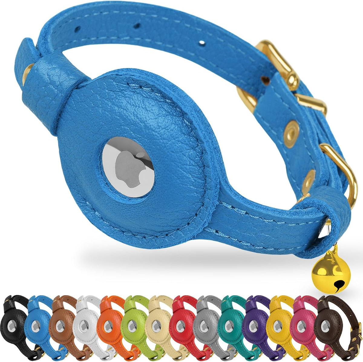 OOPSDOGGY Leather AirTag Cat Collar with Bell - Blue