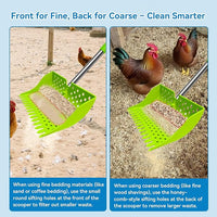 12-Inch 2-in-1 Chicken Poop Scooper & Rake – US Patent Pending – 3-Shape Sifting Holes Chicken Coop Rake，Stainless Steel Handle （20–61"）– Litter Scoop Sand & Sifting Shovel for Chicken Coops(Green)