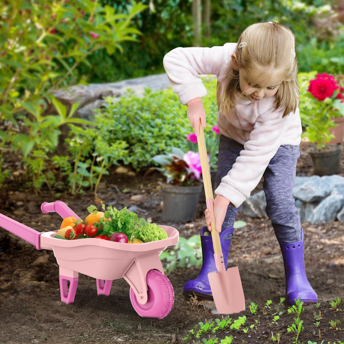 Qtioucp Kids Gardening Set with Wheelbarrow - Pink - image 2