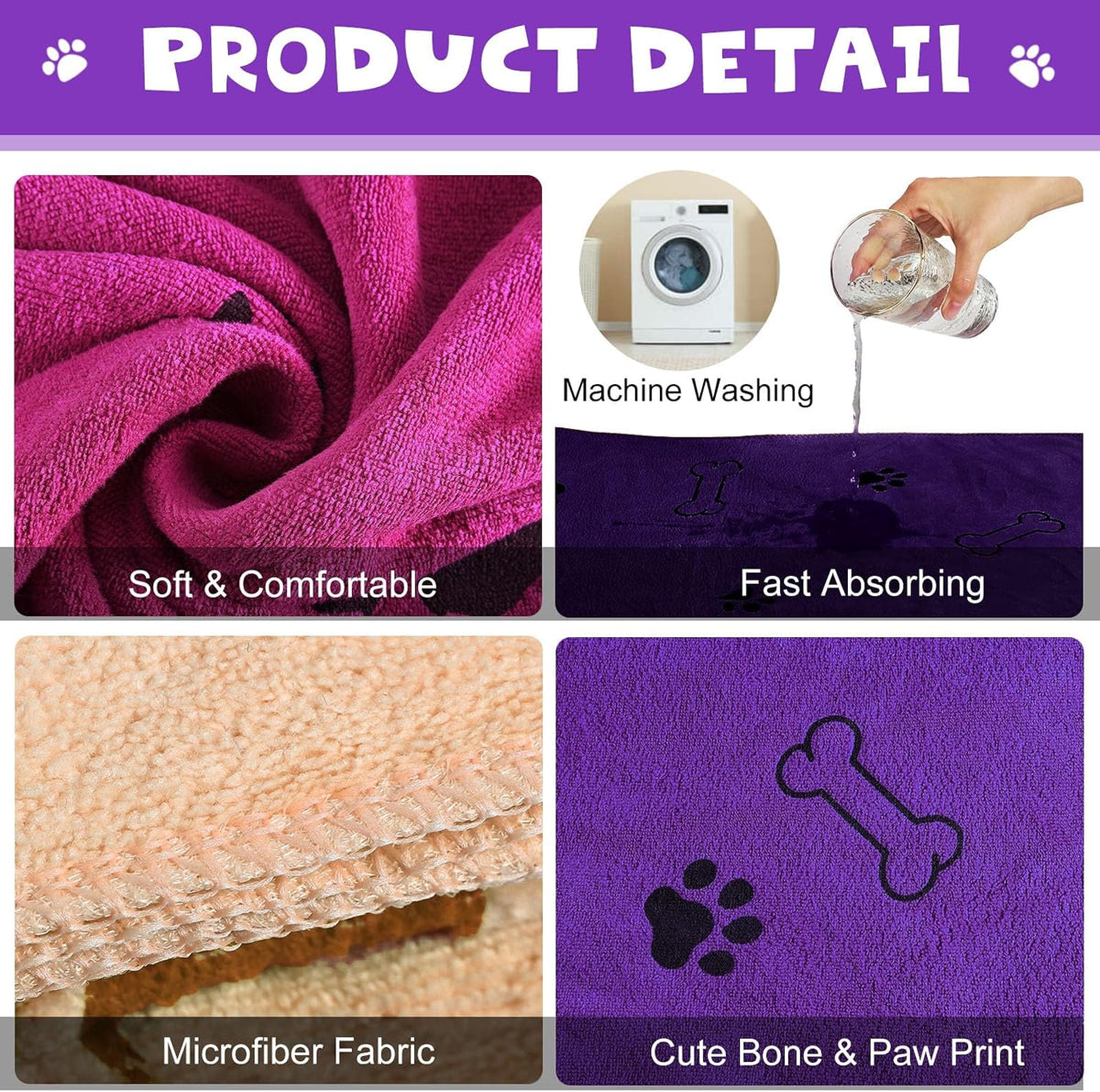 Chumia 4 Pcs Dog Towels for Drying Dog Puppy Bulk Microfiber - 24 x 40 Inch / Dark Purple,purple,pink,yellow - image 3