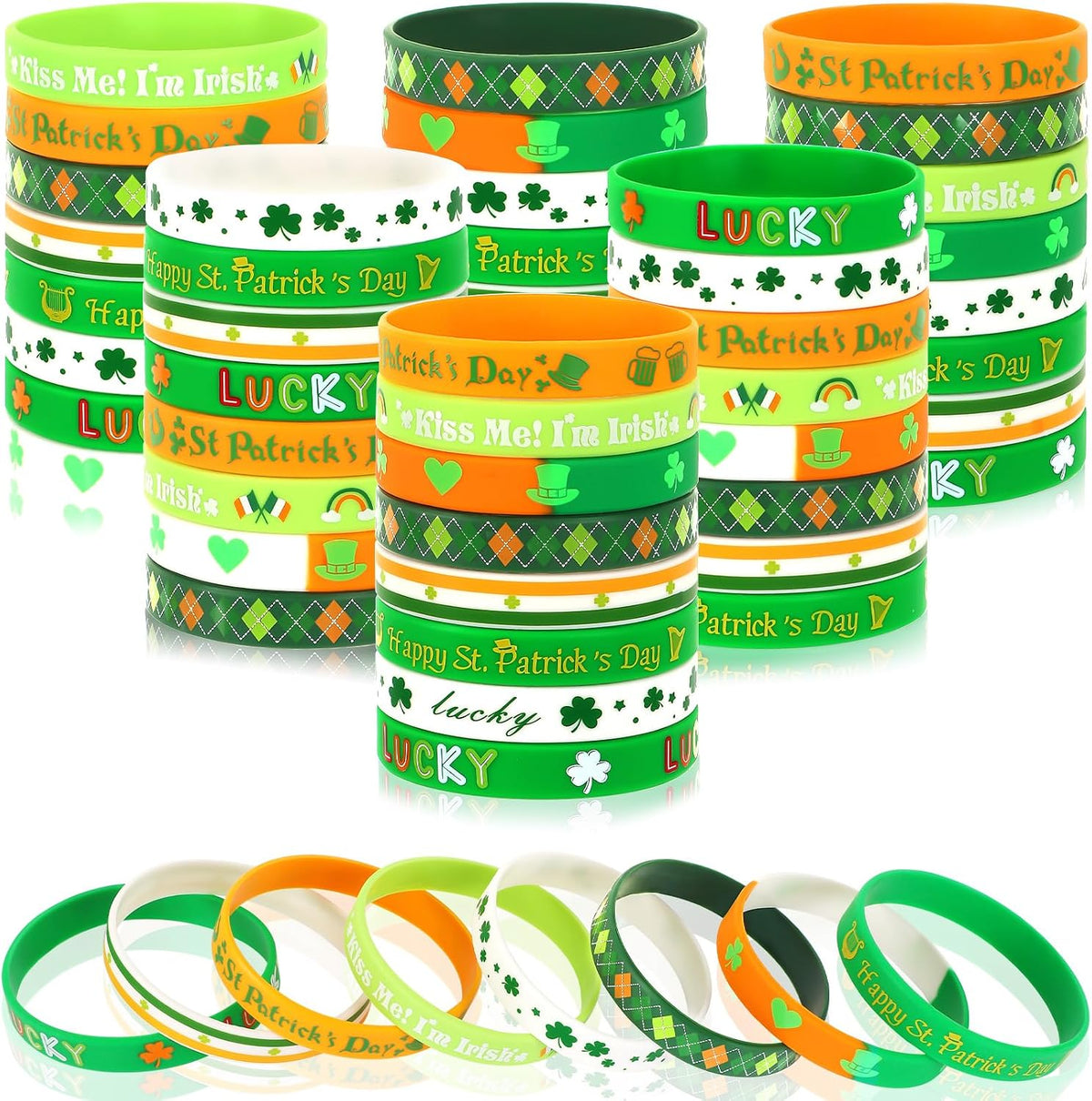 JUNEBRUSHS 64pcs Halloween Party Favors Silicone Bracelets Rubber - St. Patrick's Style