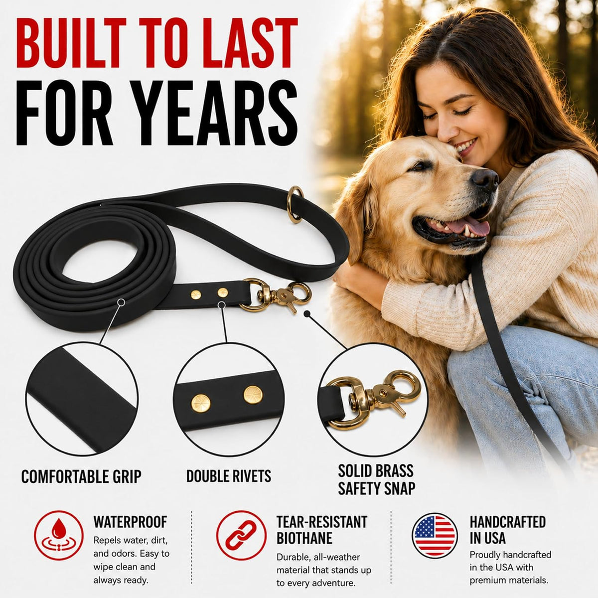 Biothane Leash, Brass, 6 ft x 5/8, Black – Essentials for Dogs - 3/4 / Black - image 4