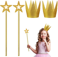 Gersoniel gold crown and star wand set, two paper crowns and two 13 inch wands