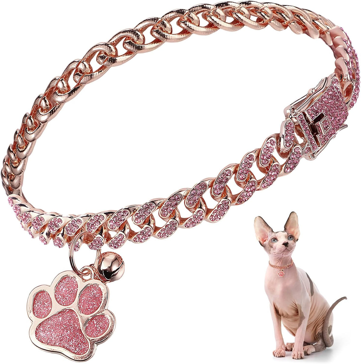 Hillban cat chain collar in rose gold and pink with zirconia diamonds and a bell tag