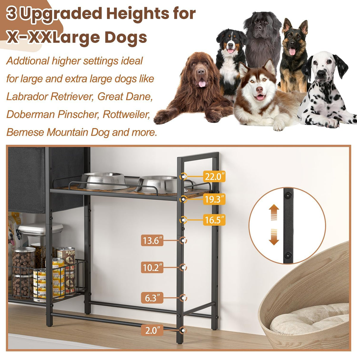 Elevated Dog Bowl Stand with Toy Bin Basket - Black&brown / 2"-22"H/ 18.9"Dx9.45"W - image 2
