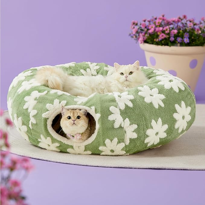 Lesure Cat Tunnel Bed for Indoor Cats - Cute Cat Donut Tunnel Toys for Small Large Cats with Washable Circle Cushion, Round Pet Peekaboo Cave Toy for Kitten/Puppy/Rabbit, Standard Green