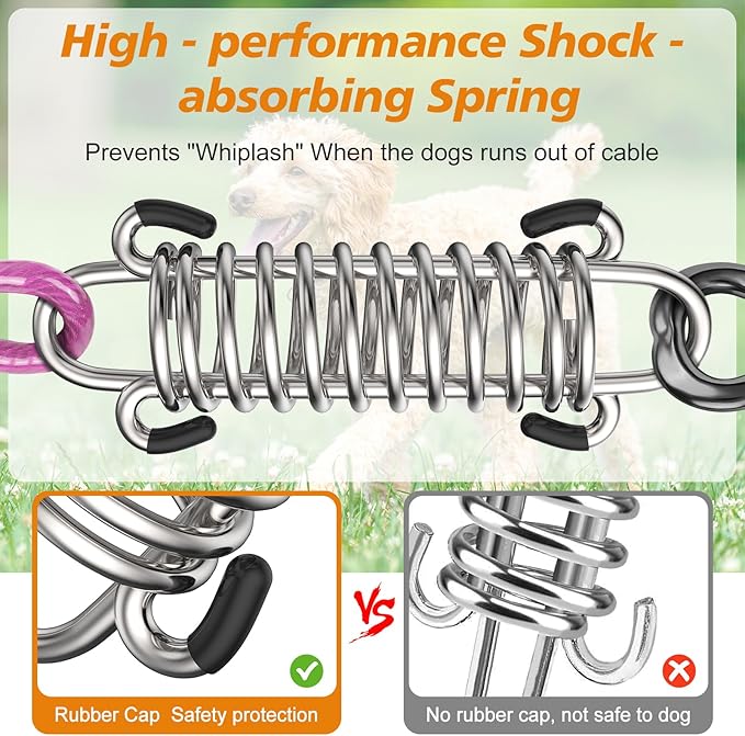 Tresbro 70 FT Dog Tie Out Cable with Spring, Shock Absorbing Tether Chains for Outside Aavilable in 10/15/20/25/30/40/50/70/100/120 FT, Heavy Duty Leads for Yard for Medium & Large Dogs Up to 500 LBS